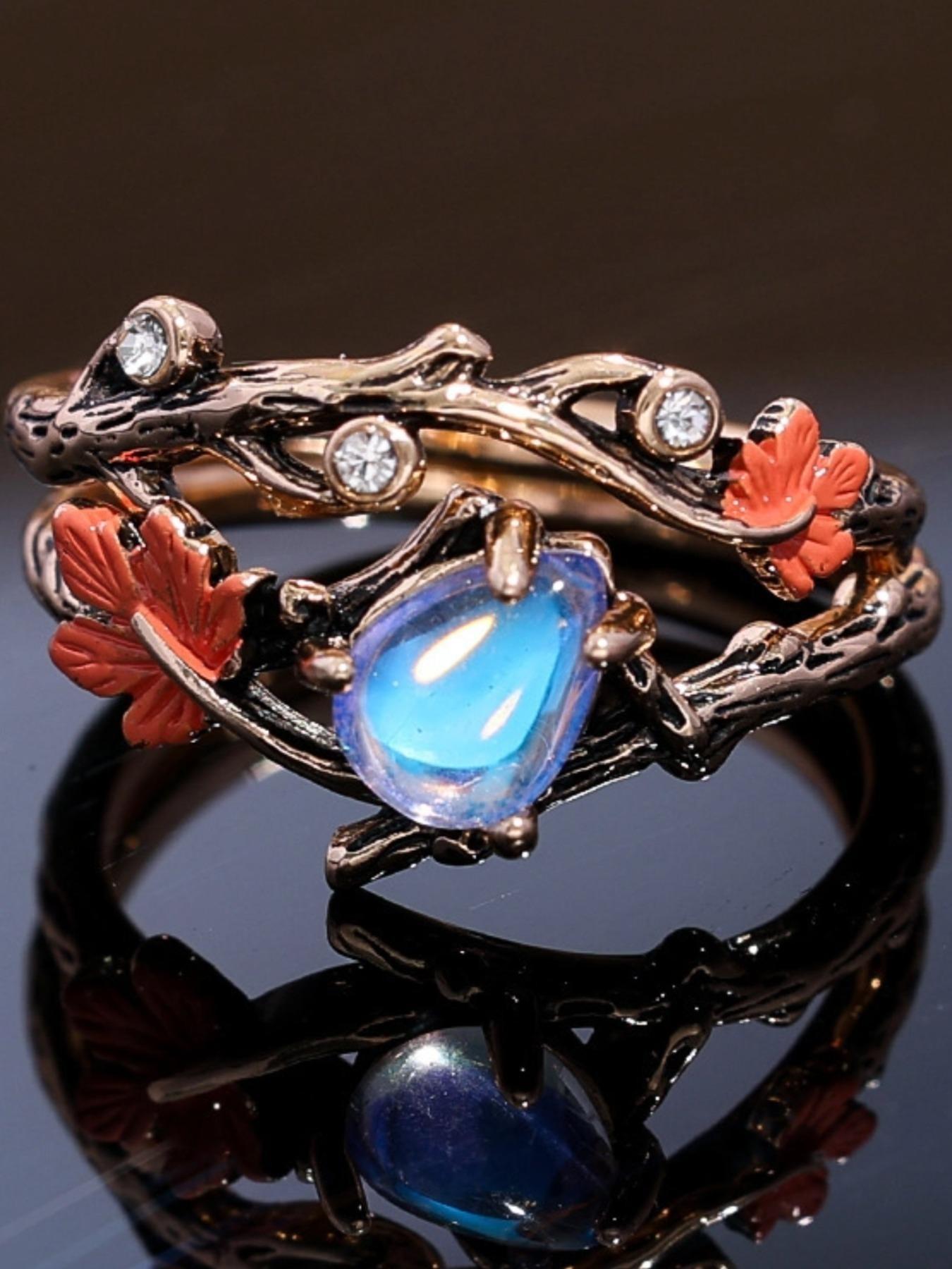 Vintage Maple Leaf Moonstone Ring, Retro European Court Index Finger Ring, Antique Old Money Style, Elegant Jewelry Accessory