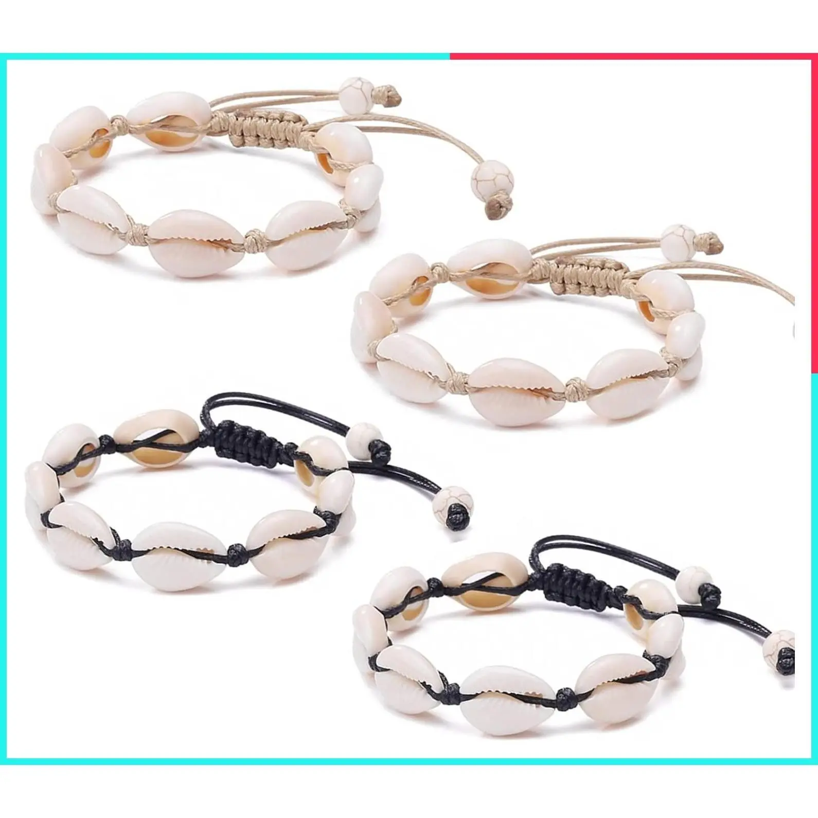 4 Pack Adjustable Cowrie Shell Bracelet & Anklet Set - Natural Puka Seashell Bead Ankle Jewelry for Men Women, Valentine's Day Gifts