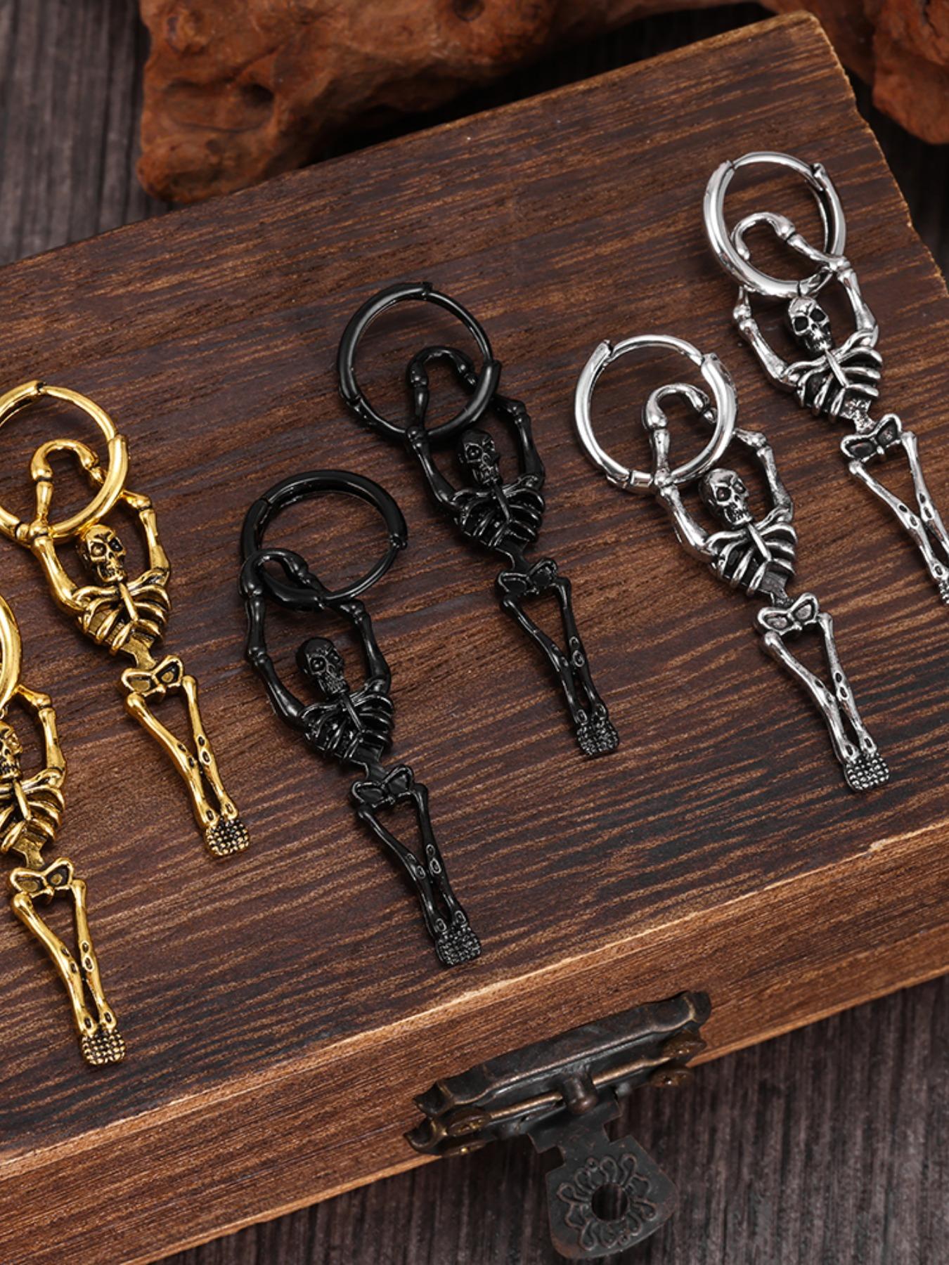 Dark Punk Skull Earrings, Vintage Style Hoop Studs, Streetwear Accessory, Party Jewelry, Unique Gift for Friends