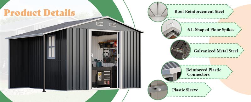 [Ships in Multiple Boxes]  VanAcc Outdoor Storage Shed with Two 4-Pane Windows Sliding Doors, Open Outdoor Shed for Wood Storage, Dark Grey/White