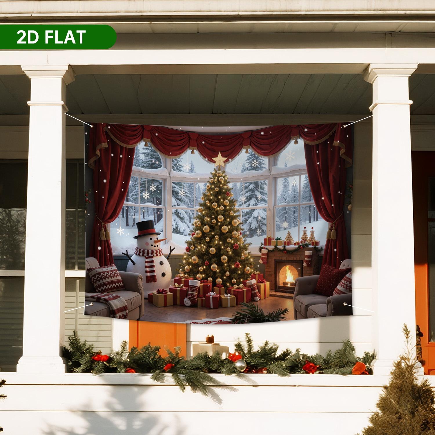 Christmas Theme Background Banner, Durable Polyester, Festive Home Decor, Tree with Bells, Gifts, Snowman, Fireplace, Party Decoration