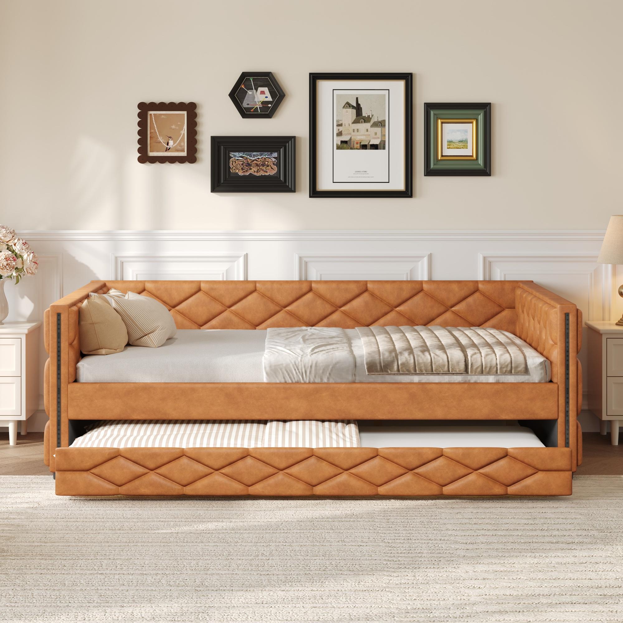 PU Leather Upholstered Daybed with Pull Out Trundle Bed, LED Light Armrests, Multi-Functional Sofa Bed, Solid Wood Frame for Guest Room