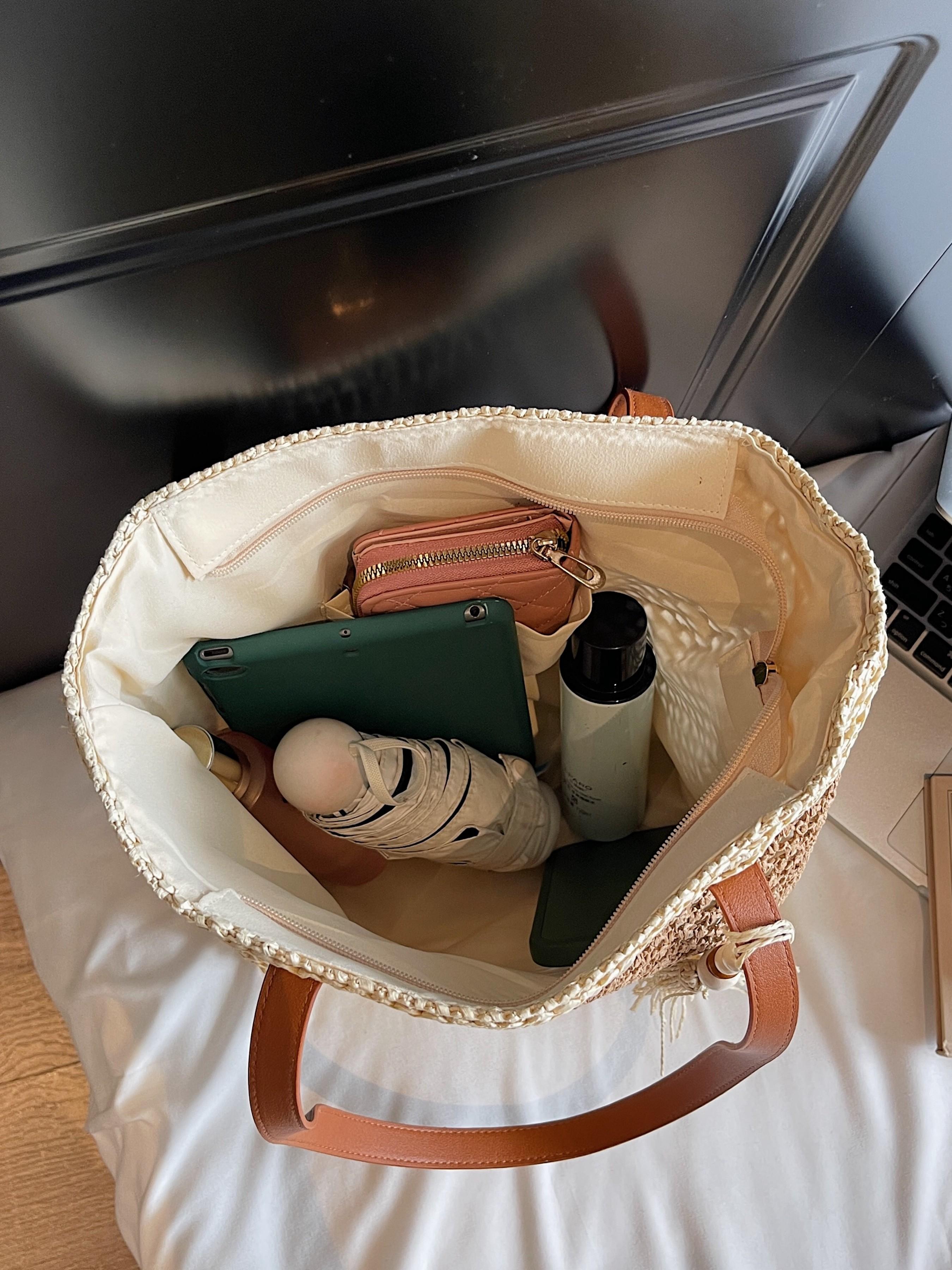 2026 Summer Bohemian Tote Bag, Handwoven Raffia, Leather Strap, Pearl Fringe, Large Capacity, Perfect for Daily Use, Fashionable & Comfortable