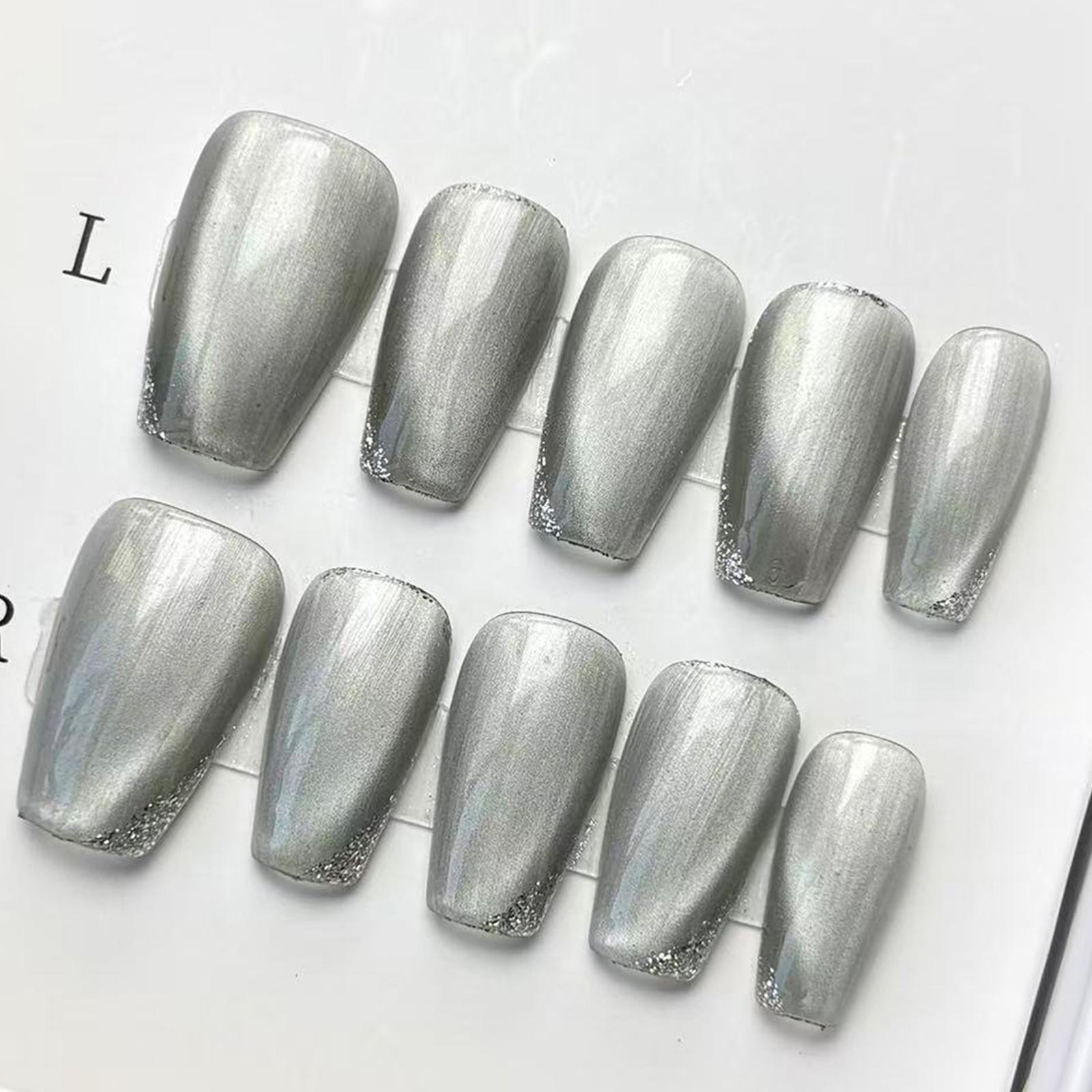 Luxury Nail Freedom! Silver Cat Eye Glitter Edge Press Ons, Get Baddie Nails In 5 Mins, No Salon Needed