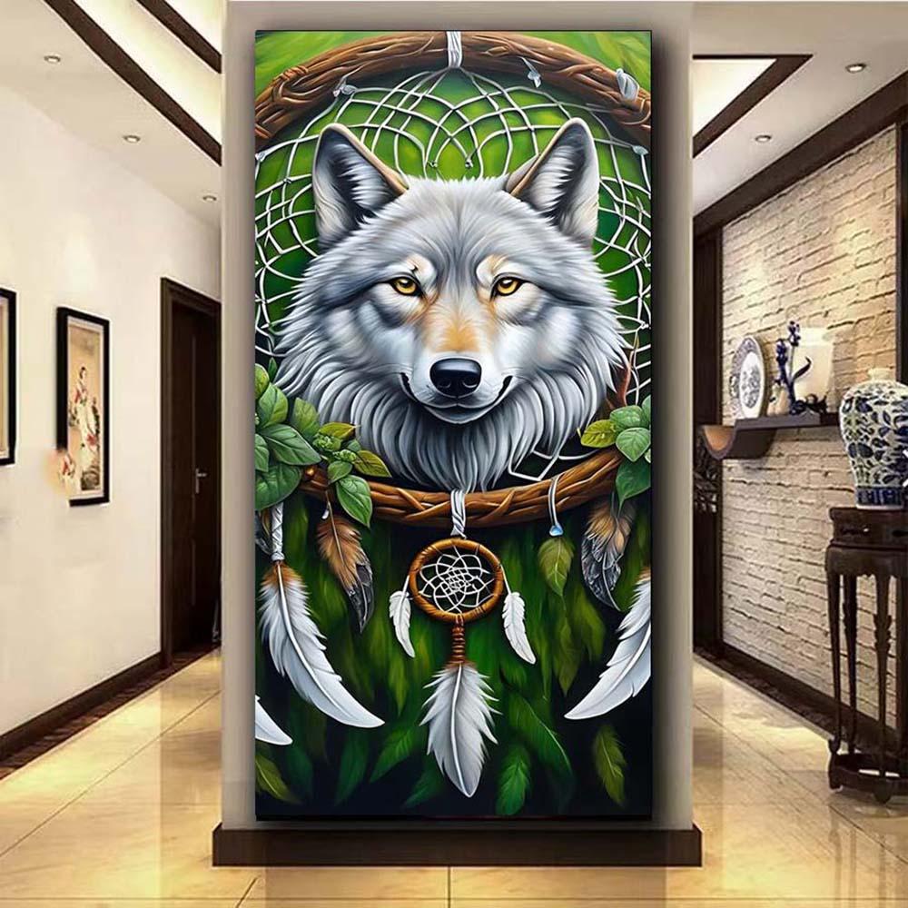 5D Diamond Painting Kit Full Round Drill Wolf, Dreamcatcher, Feather DIY Mosaic Wall Art, Beginner Craft Set (with Tools), Home Wall Decoration Gift, Diamond Art Kit