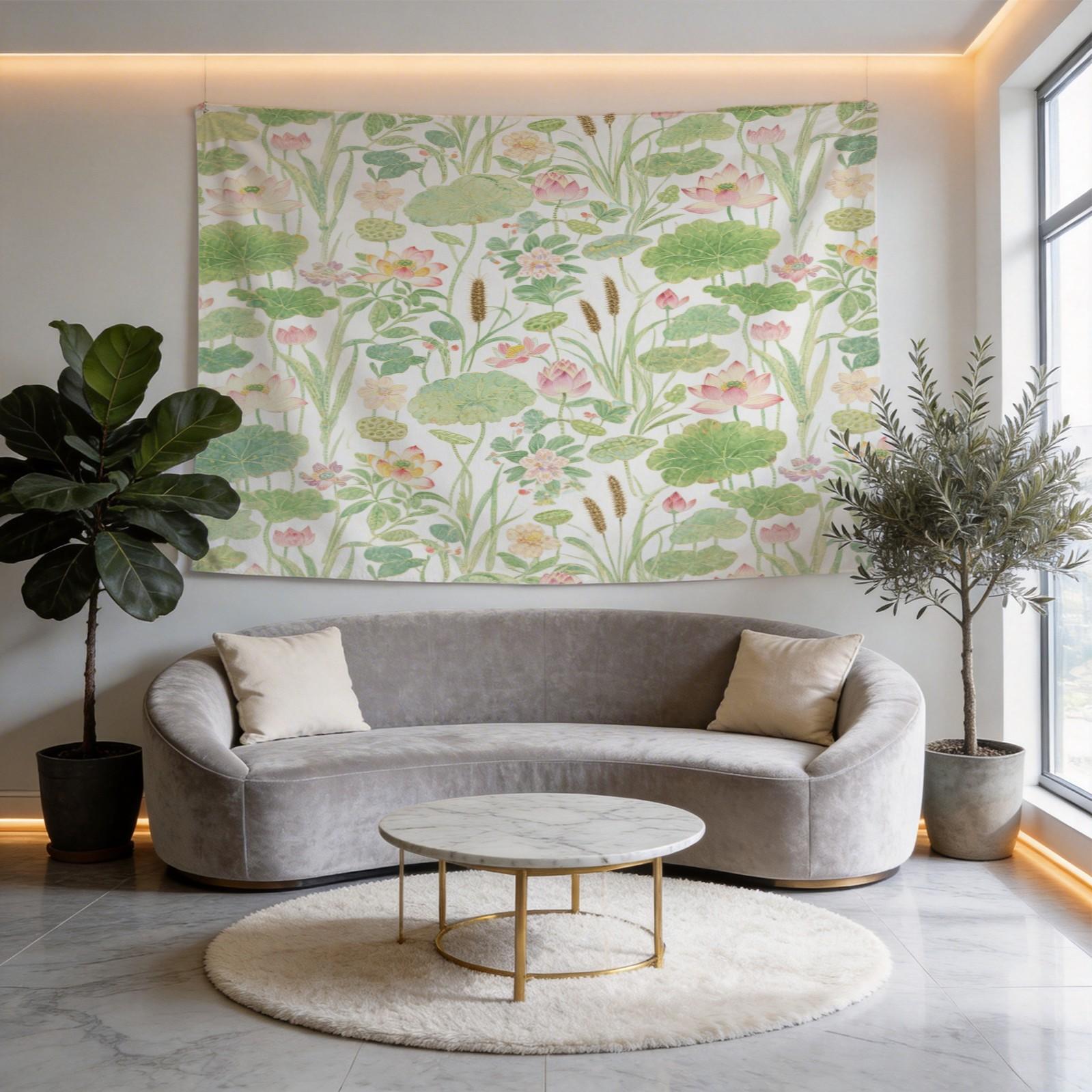 1 Piece Watercolor Lotus Pond Tapestry, HD Digital Printed Wall Hanging Tapestries, Aesthetic Boho Tapestry, Easy to Install for Living Room Bedroom Dorm Home Decor