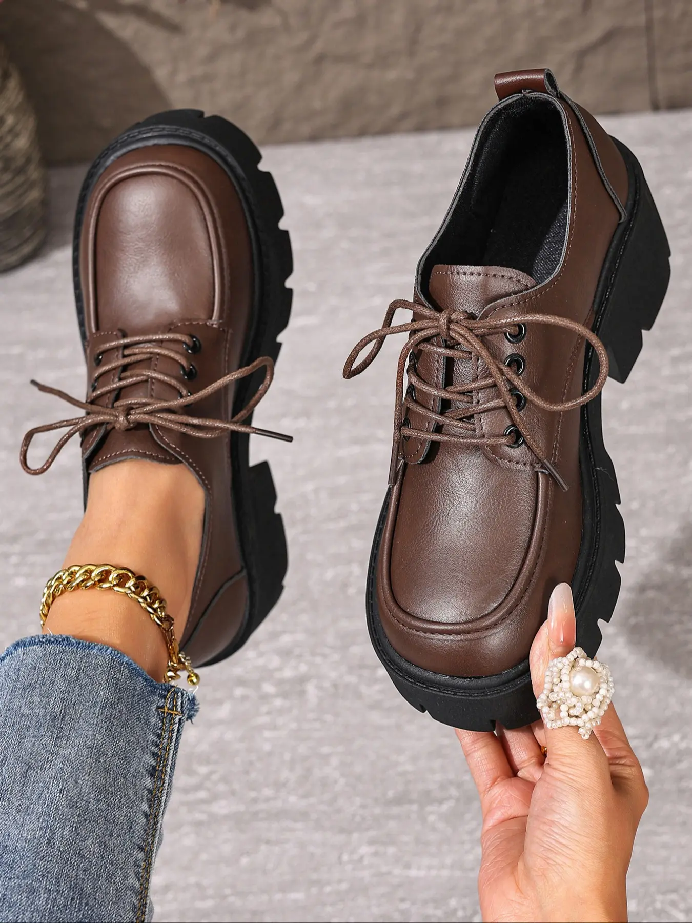 Women's Faux Leather Lace Up Round Toe Chunky Serrated Lug Sole Platform Oxford Shoes, Preppy JK Vintage Block Heel Derby Loafers #platformoxfords #jkfootwear #vintageloafer #chunkyheels #campusshoes