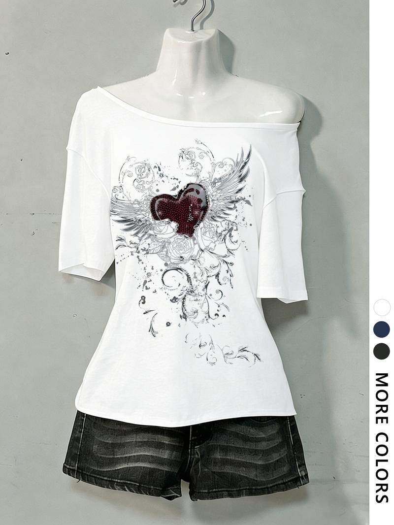 Women's Asymmetrical Neck Digital Print Summer Casual T-Shirt, Vintage Campus Style, Fashion Trend Letter Design