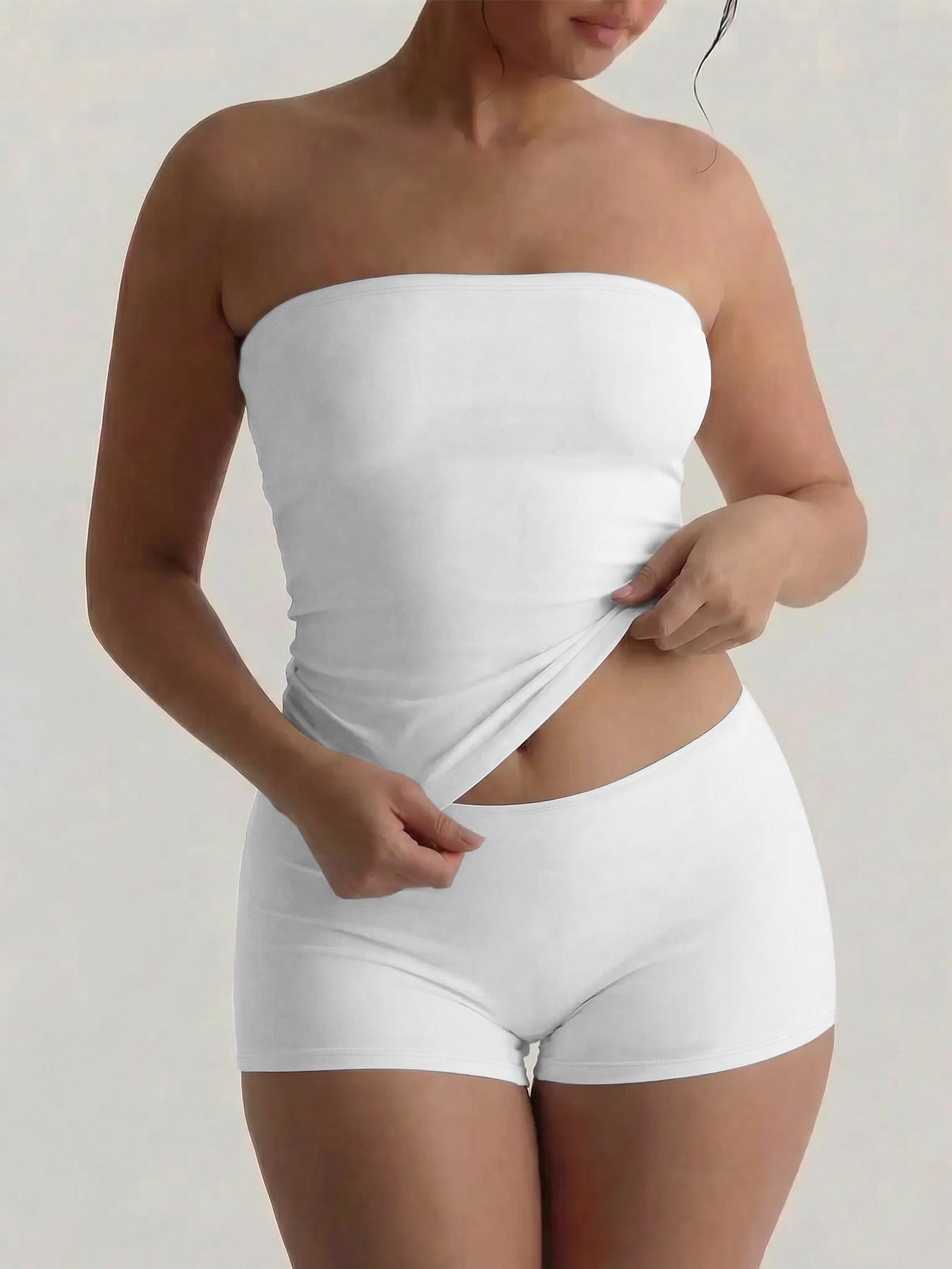 Plus Size 2 Piece Basic Tube Top and Shorts Set, Soft Stretch Strapless Lounge Set, Comfortable and Stylish, Perfect for Relaxing at Home, Womenswear
