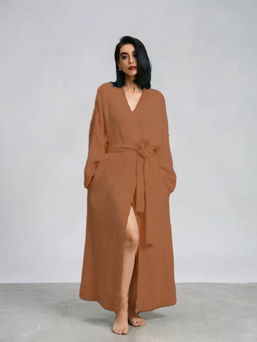 【COZY Soft Plush Feel】Women's Solid Color Thickened  Thermal Lined Long Sleeve Drop Shoulder Bathrobe, Oversize Loose Casual Soft Comfortable Thermal Warm Pocket Belted V Neck Dressing Gown for Women, Ladies Sleepwear for Winter