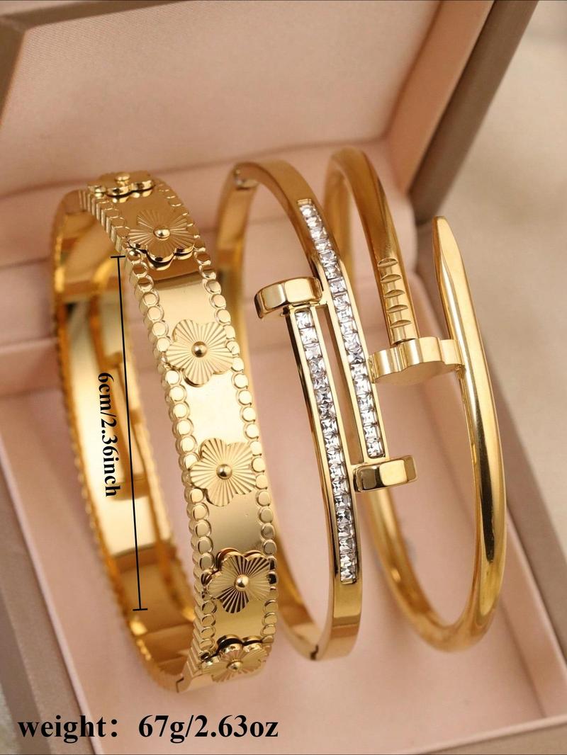 3 Pcs 18K Gold-Plated Stainless Steel High Quality Bracelet, Luxurious Cubic Zirconia Exquisite Trendy Bracelet, Suitable for Daily Wear and Women's Gatherings, Wedding Jewelry Gifts for Women and Girls