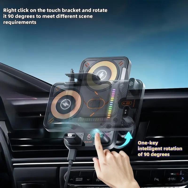 Wireless car charger mount, automatic air vent clip, stable and quiet shockproof design, fast charging, 90-degree rotation, compatible with both landscape and portrait modes, compatible with all smartphones