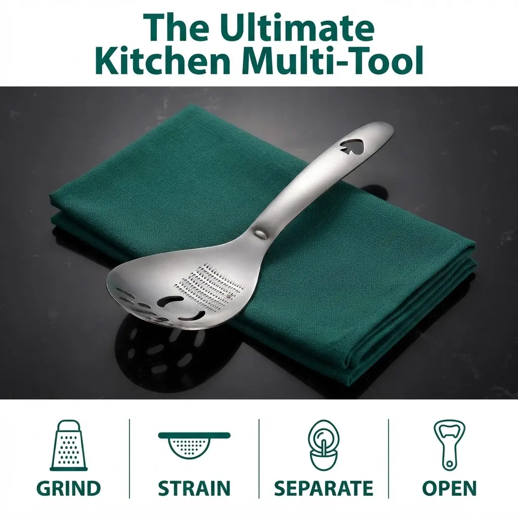 Heavy Duty 304 Stainless Steel 5-in-1 Compact Multi-Tool Kitchen Utensil Set - Solid Core, Curved Handle, Egg Yolk Separator, Potato Masher, Food Grater, Slotted Spoon, Bottle Opener for Daily Use Home Cooking