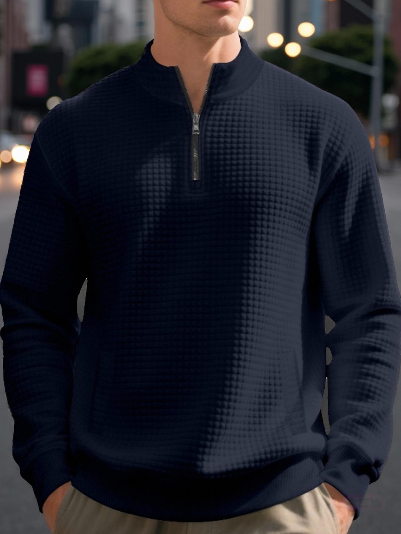 Heavyweight small checkered simple and casual men's loose stand-up collar semi-high collar quarter zipper long-sleeved base layer sweatshirt, warm and soft fabric, suitable for daily casual and outdoor sports occasions,gifts for him boyfriend christmas