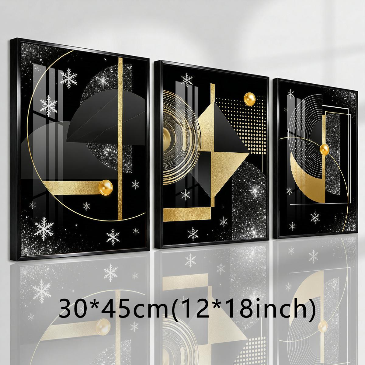 3 Counts Aluminum Alloy Framed Painting, Geometric Gold And Black Abstract Art Pictures, Home Decoration For Living Room, Bedroom, Office, Restaurant, Hallway Wall Decor, Odorless Print Artwork, Luxury Perfect Gift For Friends And Family