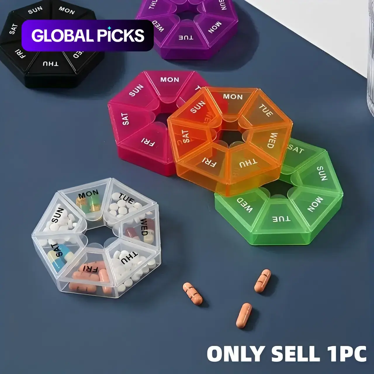 7-compartment Pill Box, 1 Count Random Color Mini Portable Pill Container, One-week Pill Box for Travel, Supplement Organizer #GLOBAL PICKS