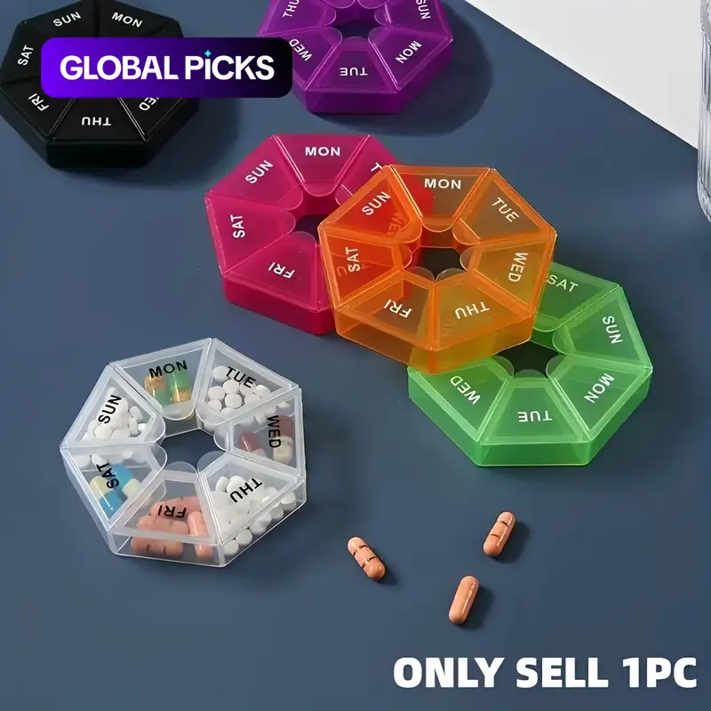 7-compartment Pill Box, 1 Count Random Color Mini Portable Pill Container, One-week Pill Box for Travel, Supplement Organizer #GLOBAL PICKS