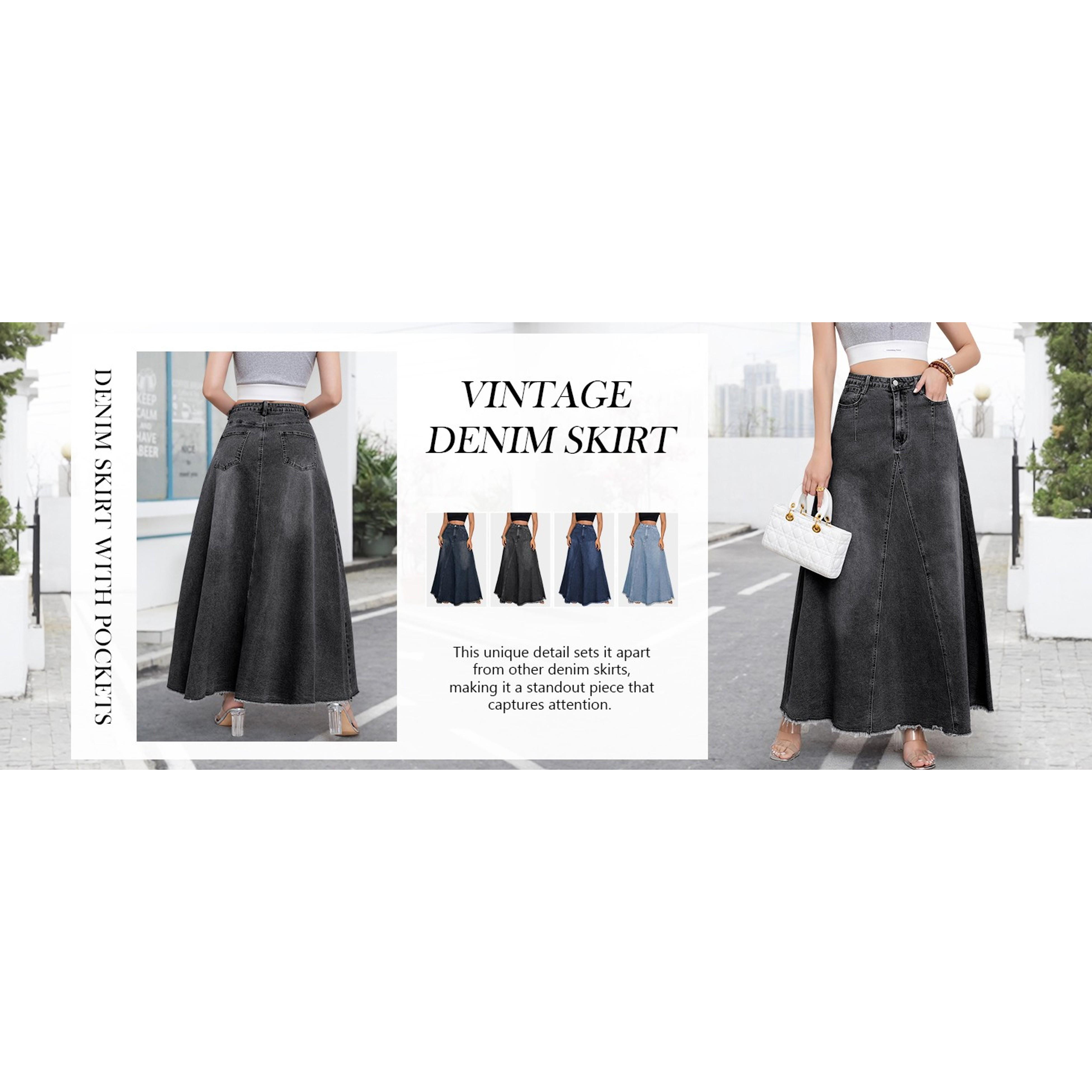 ebossy Women's Retro Distressed High-Waist Frayed-Hem Flared A-Line Patchwork Maxi Denim Skirt with Pockets, Buttons, Zipper - Casual Hippie Bottoms for Birthday, Party (Gift)