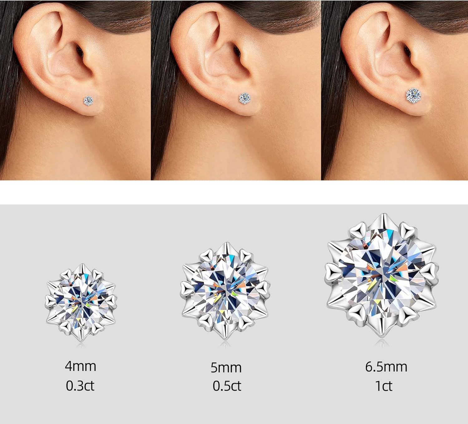 HELLOICE [Unisex] Moissanite Stud Round Cut Snowflake Earrings 0.3ct/1ct/2ct Synthetic Moissanite VVS1 D Color Jewelry Gift for Women and Men