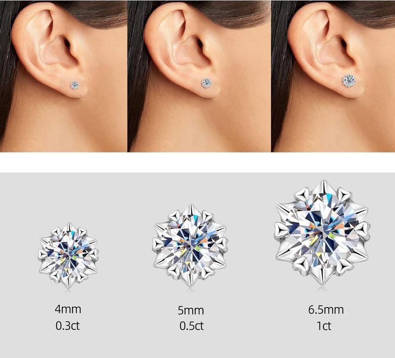 HELLOICE [Unisex] Moissanite Stud Round Cut Snowflake Earrings 0.3ct/1ct/2ct Synthetic Moissanite VVS1 D Color Jewelry Gift for Women and Men