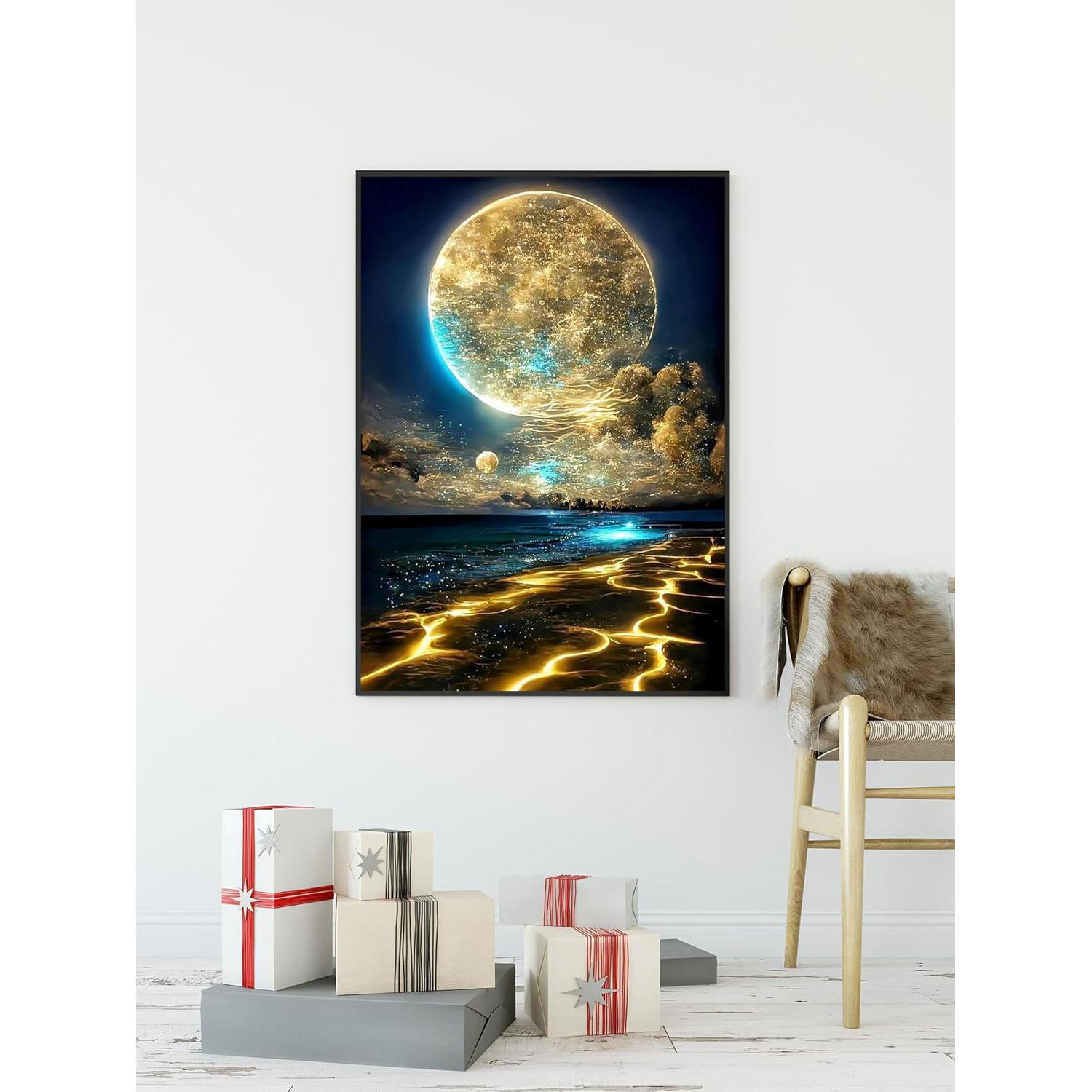 Adult 5D Diamond Painting Kit, Beginner-Friendly Moon Beach DIY Full Round Drill Moonlight Landscape, Home Wall Decor, 12x16 Inches, No Frame Included
