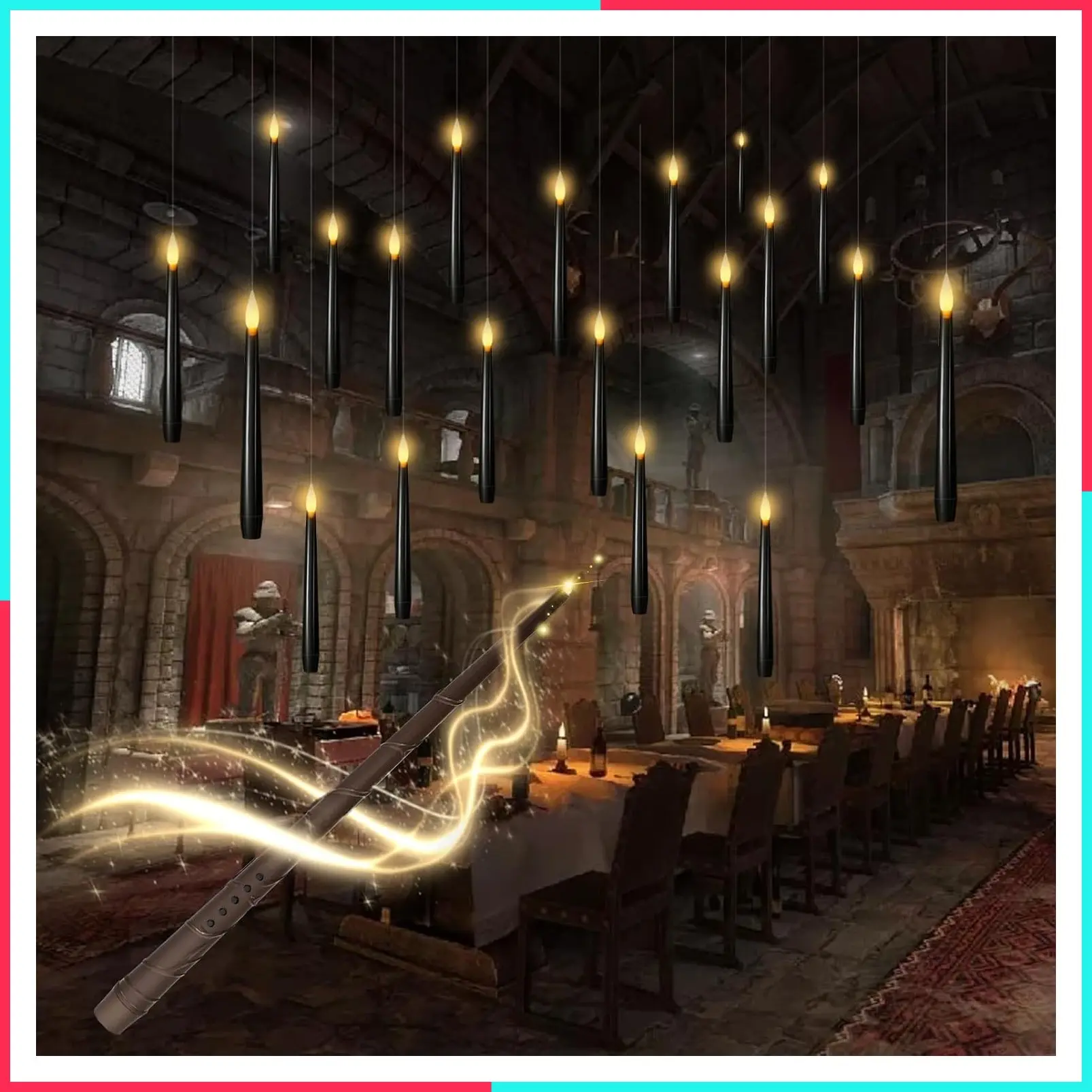 20 Pcs Flameless Floating LED Taper Candles with Wand Remote, Flickering Battery Operated Hanging Candles for Halloween Decorations, Best Gift (Black)