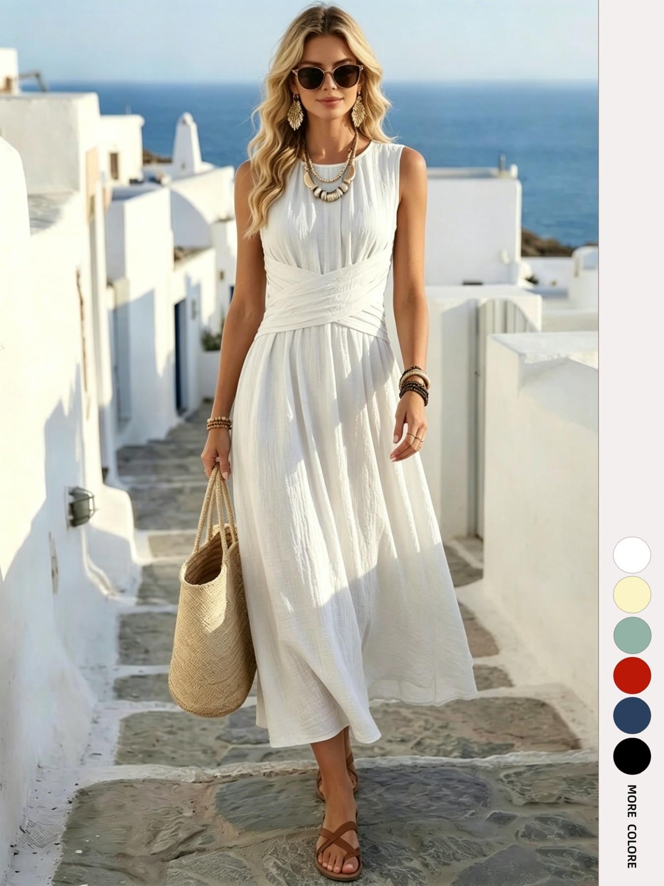 Boho Style Lightweight Sleeveless Midi Dress, Loose Fit Casual Daily Wear, Summer Women's Dress