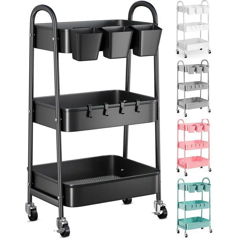 Black 3 Tier Metal Rolling Cart with Lockable Wheels, Three Tiered Utility Cart with Handle, Hooks and Mesh Baskets for Kitchen Bathroom Craft,stackable