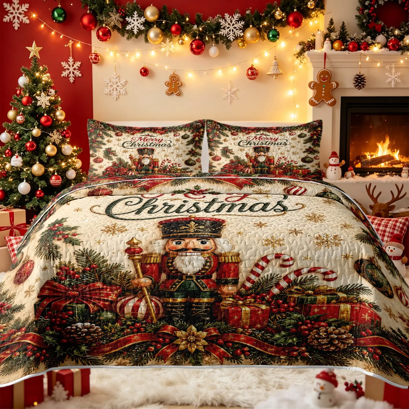 3pcs Christmas Quilt Set, Christmas Bedding Set, Quilt featuring prints of Nutcracker Soldiers, Candy Canes, Gift Boxes, Pine Branches, Colorful Balls, and Snowflakes; includes 1 quilt and 2 pillowcases; reversible design; suitable for all seasons
