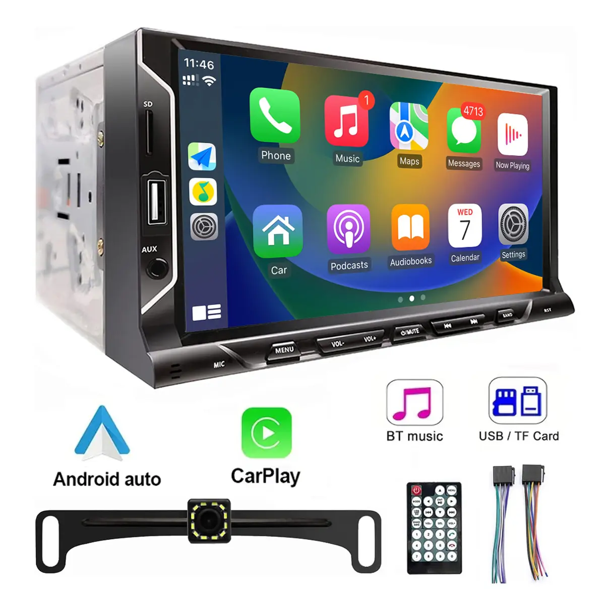 New 7 Inch Double Din Car Radio HD Touchscreen Car Video Player Compatible With CarPlay Android Auto, Car Video Player With Backup Camera Remote Control USB/TF/AUX Port