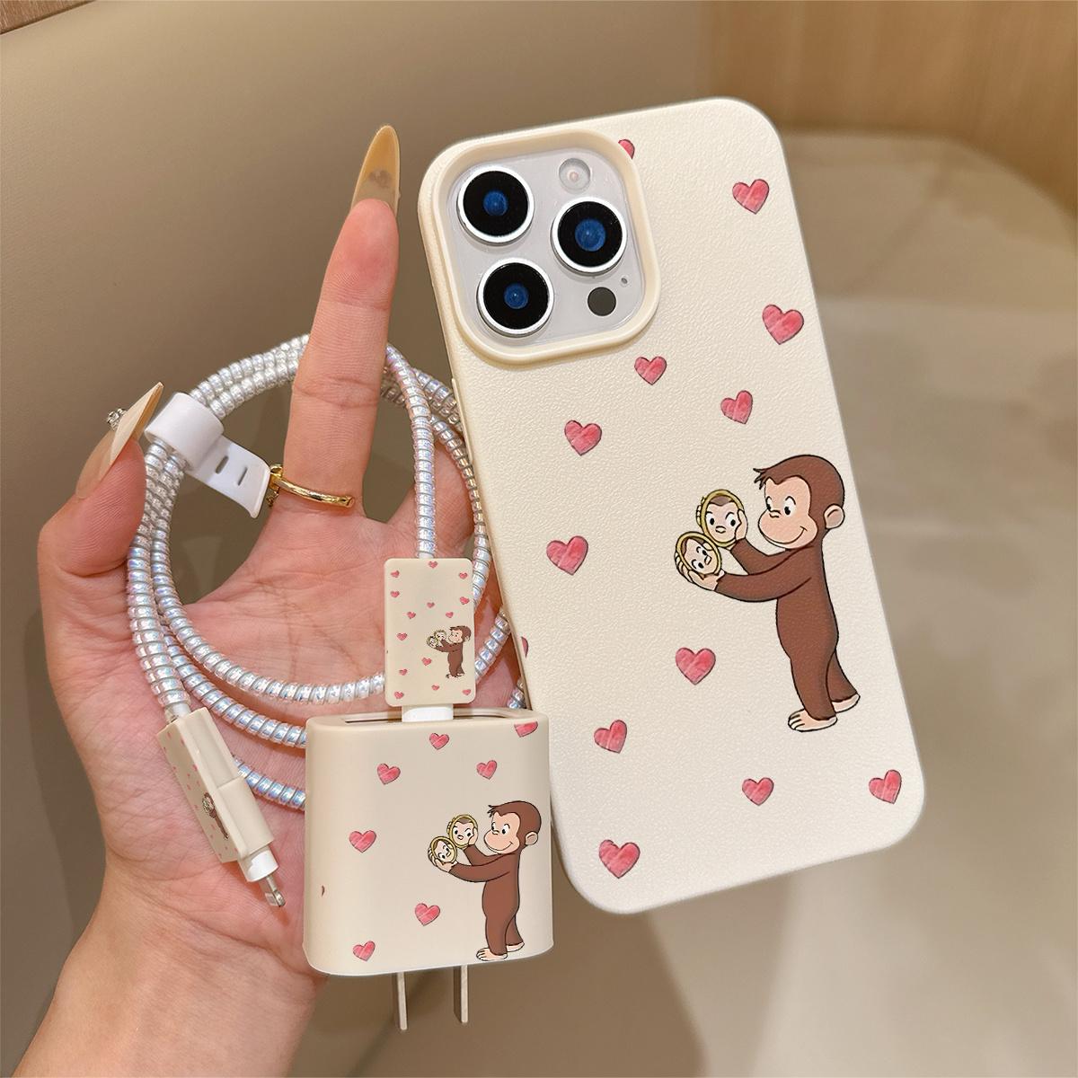 6-Piece Set Creative Heart Monkey Phone Case, Charging Head Cover, Cable Protector, Storage Rope, Data Line Protection for iPhone