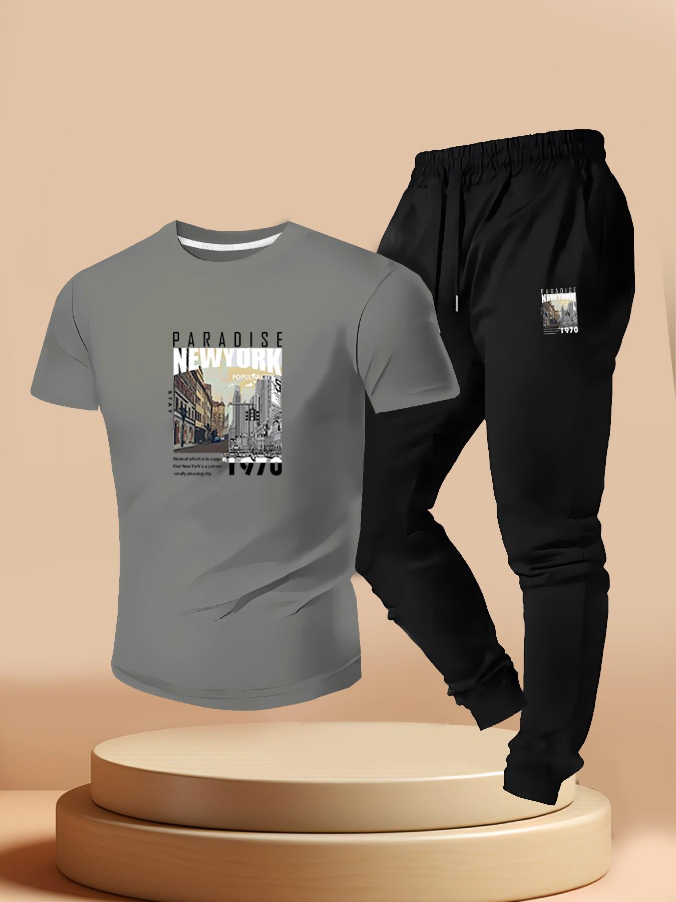 American Vintage New York 1970s Paradise City Print, Men's Short Sleeve Tee + Joggers Set, Summer Urban Style, Slim Fit, Regular Length