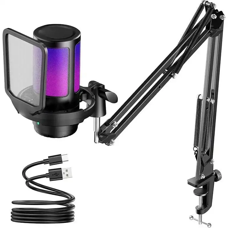 Black Gaming USB Condenser Microphone with Noise Cancellation, Adjustable Metal Boom Arm Mount, Mute Button, Gain Control, RGB Indicator – Audio Accessory for Streaming, Podcasts, PC, PS4, PS5, Mac, Cable
