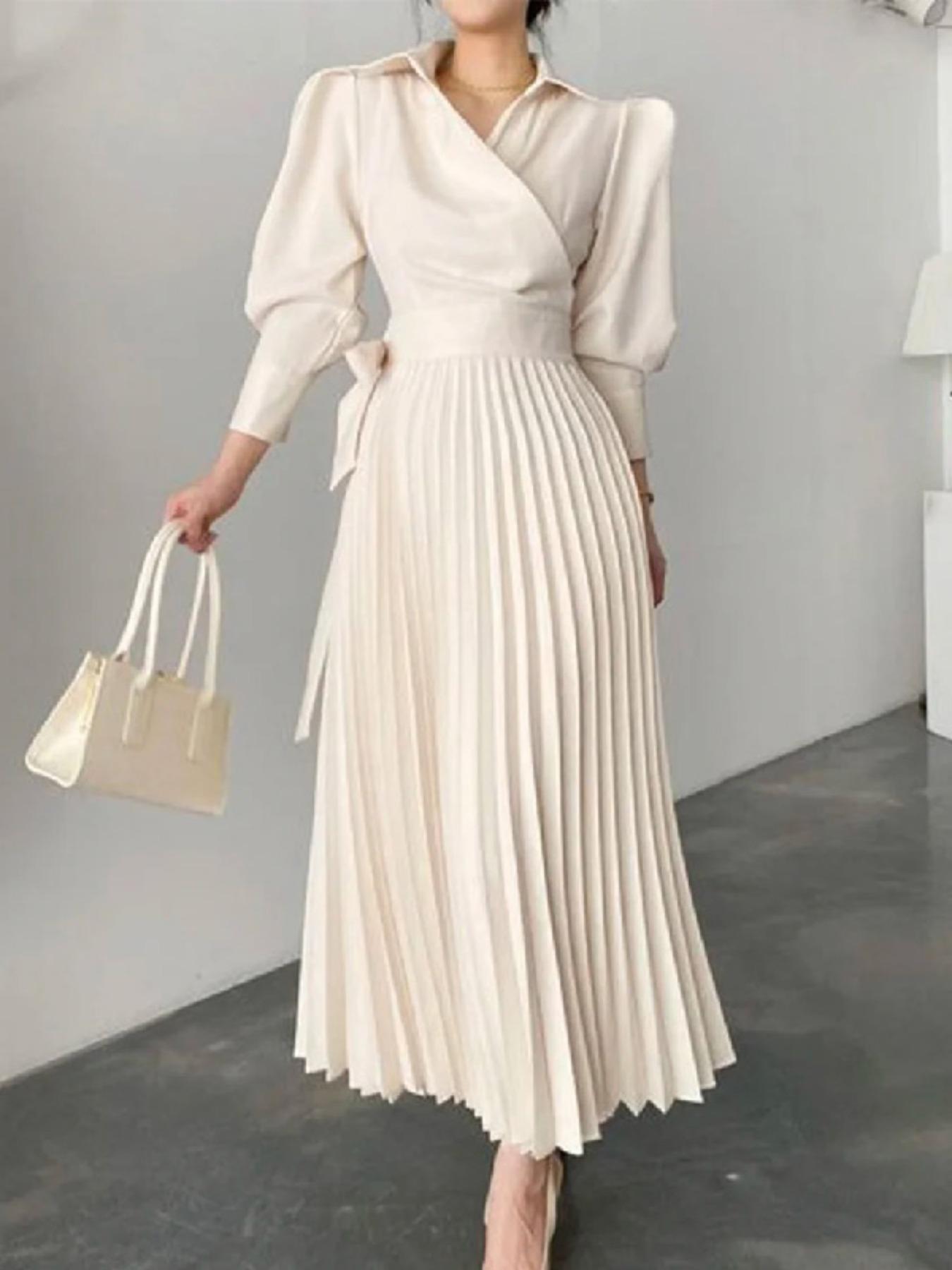 Women's Solid Notched Neck Wrap Pleated Belted Shirt Dress, Elegant Fashion Long Dress for Daily Holiday Work Office Wear, Fall Clothing Women, Dresses for Women, Women Dress for Spring Fall, Elegant Fit Dress