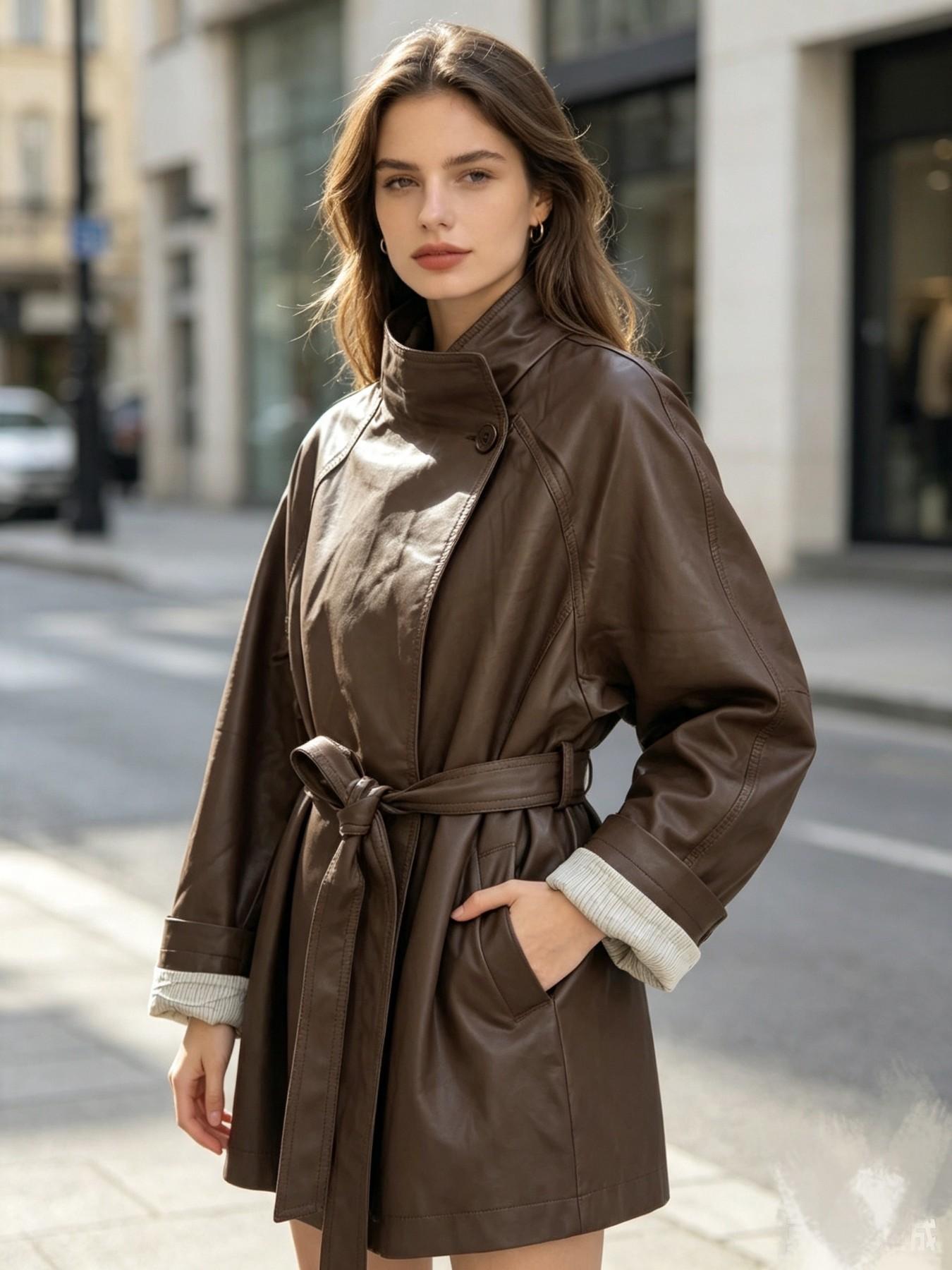 Mead Vintage Windbreaker Women's Autumn New Stand Collar Wrap Tie Waist Mid-Length Coat Loose Fit Foldable Sleeve Small Size Chic Motorcycle Leather Jacket