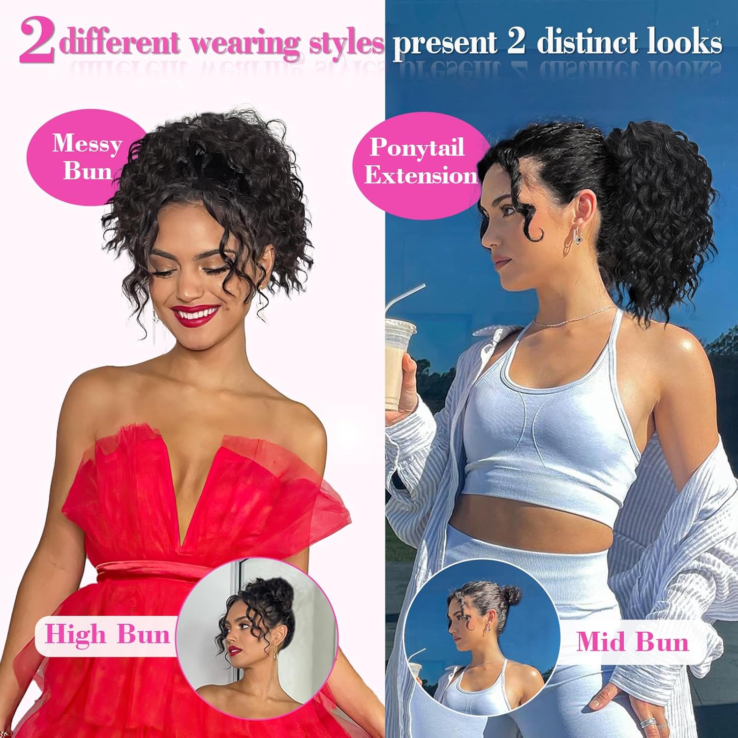 【FLASH SALE] Summervibes CHAOEE 10Inch Curly Ponytail Extension Drawstring Ponytail for Black Women Synthetic Short Hair Two Styles in One Versatile Pony Tails(Black Brown)
