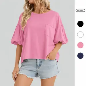 Imily Bela Womens Puff Short Sleeve T Shirts Summer Casual Crew Neck Tops Loose Fit Shirts with Chest Pocket