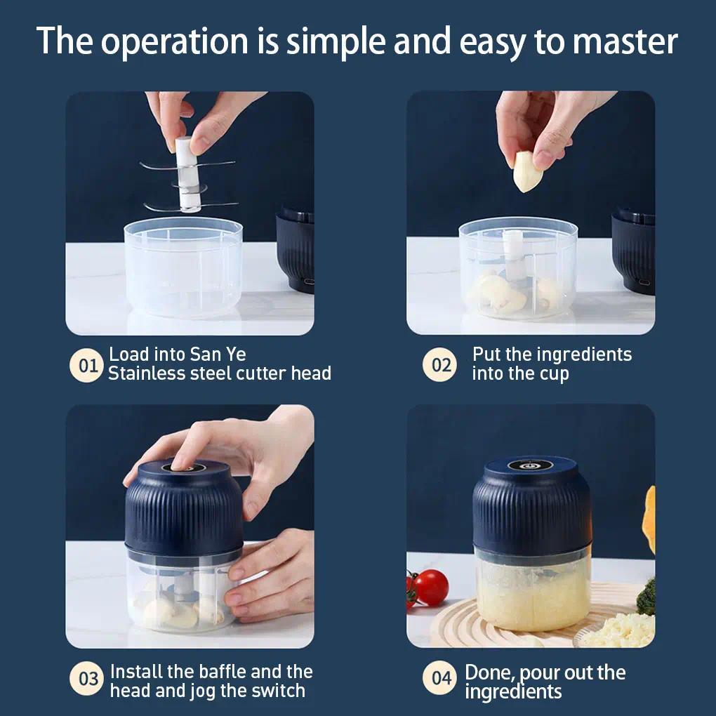 Electric Garlic Chopper, 4 Sharp Blades，Portable Veggie Chopper, 300ML Garlic Grinder Masher Onion Chopper, Blender to Vegetable, Cordless Food Processor for Ginger, Chili, Fruit, Meat, Spices, Beans, etc