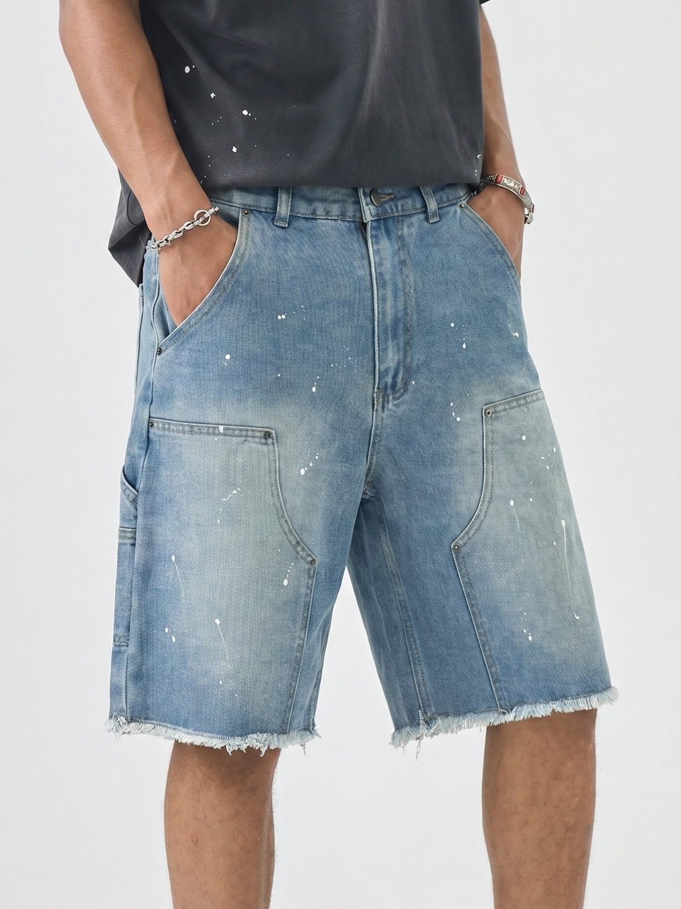 Men's Summer Washed Ink Splatter Distressed Ripped Denim Jeans Shorts, Casual Loose-Fit Straight-Leg Hip Hop Streetwear Shorts with Pockets