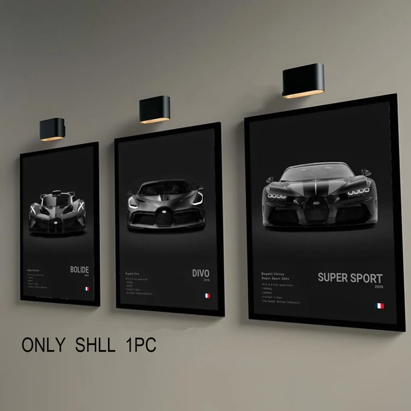 Black Cool Supercar B-Bugatti Veyron CHIRON DIVO BOLIDE HD Waterproof Artistic Poster For Wall Decor Modern Design Ideal for home, bar, cafe, office and living room decor Fade-resistant DIY wall printing Frameless, Decoration Items