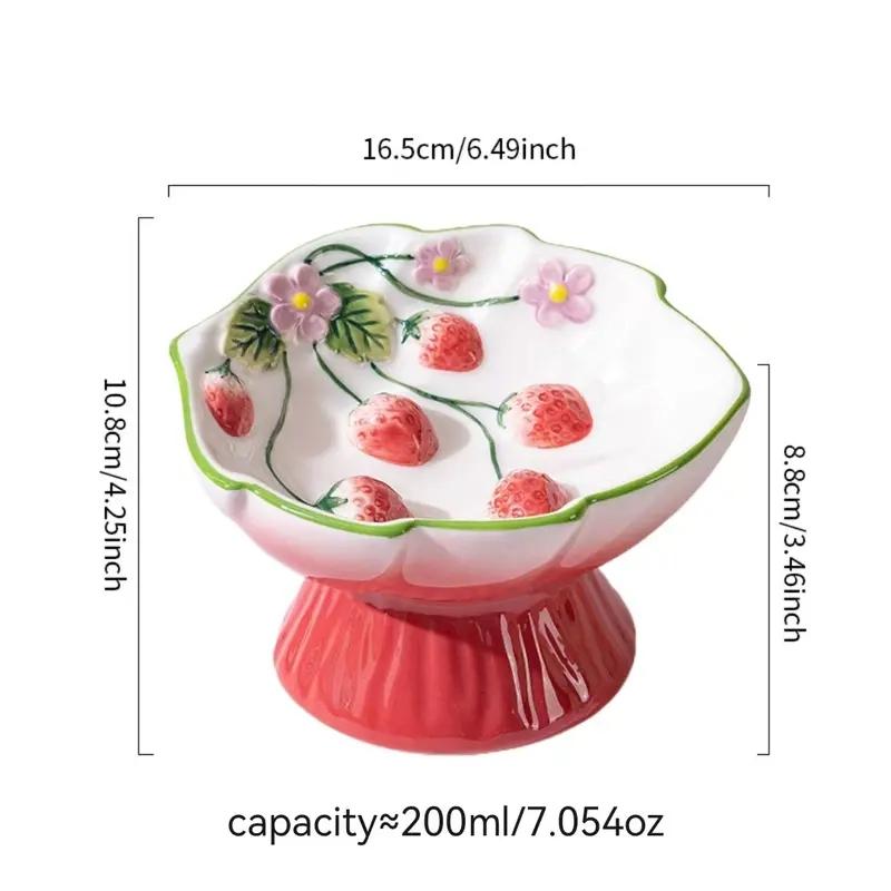 Ceramic Strawberry Slow Feed Bowl, High Feet Design, Anti-Gag and Anti-Spill, Neck Support for Cats and Kittens, Pet Feeding Solution