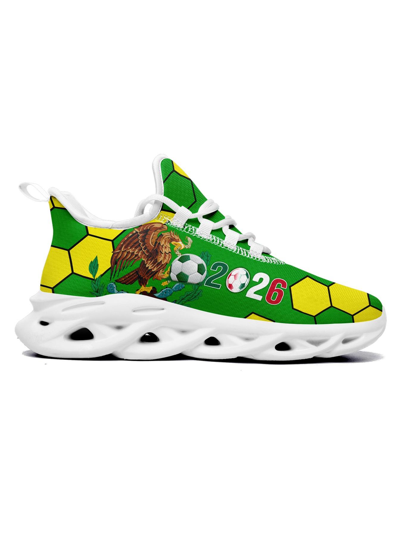 Men's Mexico 2026 Green Yellow Soccer Eagle Print Sport Shoes, Wide Fit, Plus Size, Trendy Casual Sneakers for Daily Walking, Gym & Outdoor