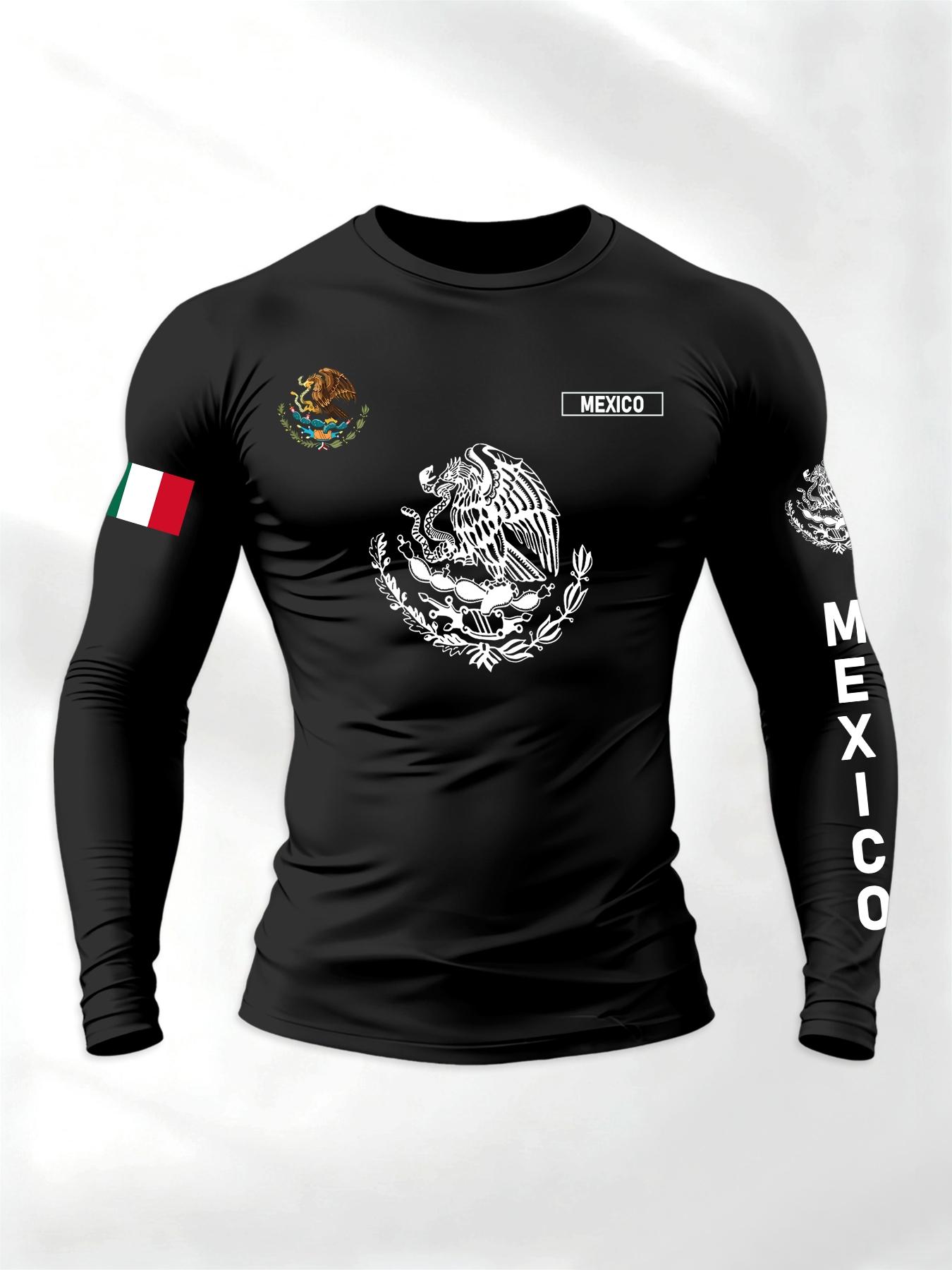 Men's Sporty Round Neck Long Sleeve T-Shirt for Spring & Fall, Athletic T Shirt, Mexican Eagle Snake Letter Pattern, Comfortable Streetwear