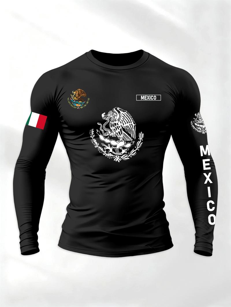 Men's Sporty Long Sleeve T-Shirt, Spring & Fall Fashion Round Neck, Mexican Eagle Snake Letter Pattern, Comfortable Streetwear, Athletic T Shirt