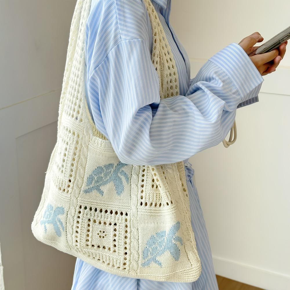 Cute Crochet Blue Bag for Women, Large Capacity Open Knit Shoulder Handbag, Lightweight Stylish Summer Beach Tote, Versatile Casual Daily Shopping & Market Storage Handbag