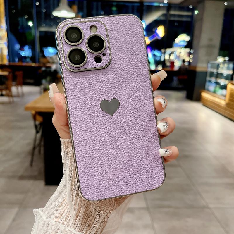 Luxury Solid Color Leather Plating Border Love Logo Phone Case For iPhone 16 Pro Max 14 11 12 13 15 Pro Max Bumper Back Cover