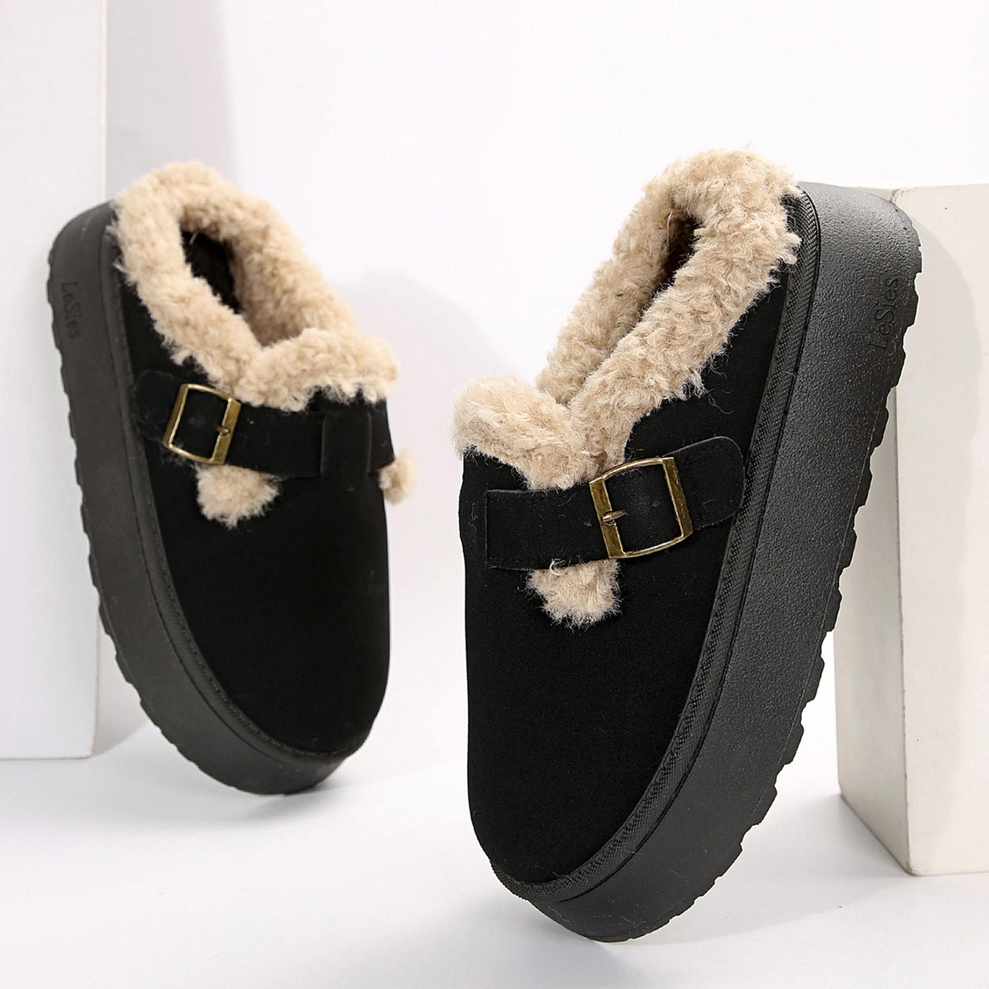 Women's Slippers Platform Mini Boots Short Ankle Boot With Buckle Fleece Lined Winter Warm Indoor Outdoor Thick Sole Plush Slipper Boots Springfresh
