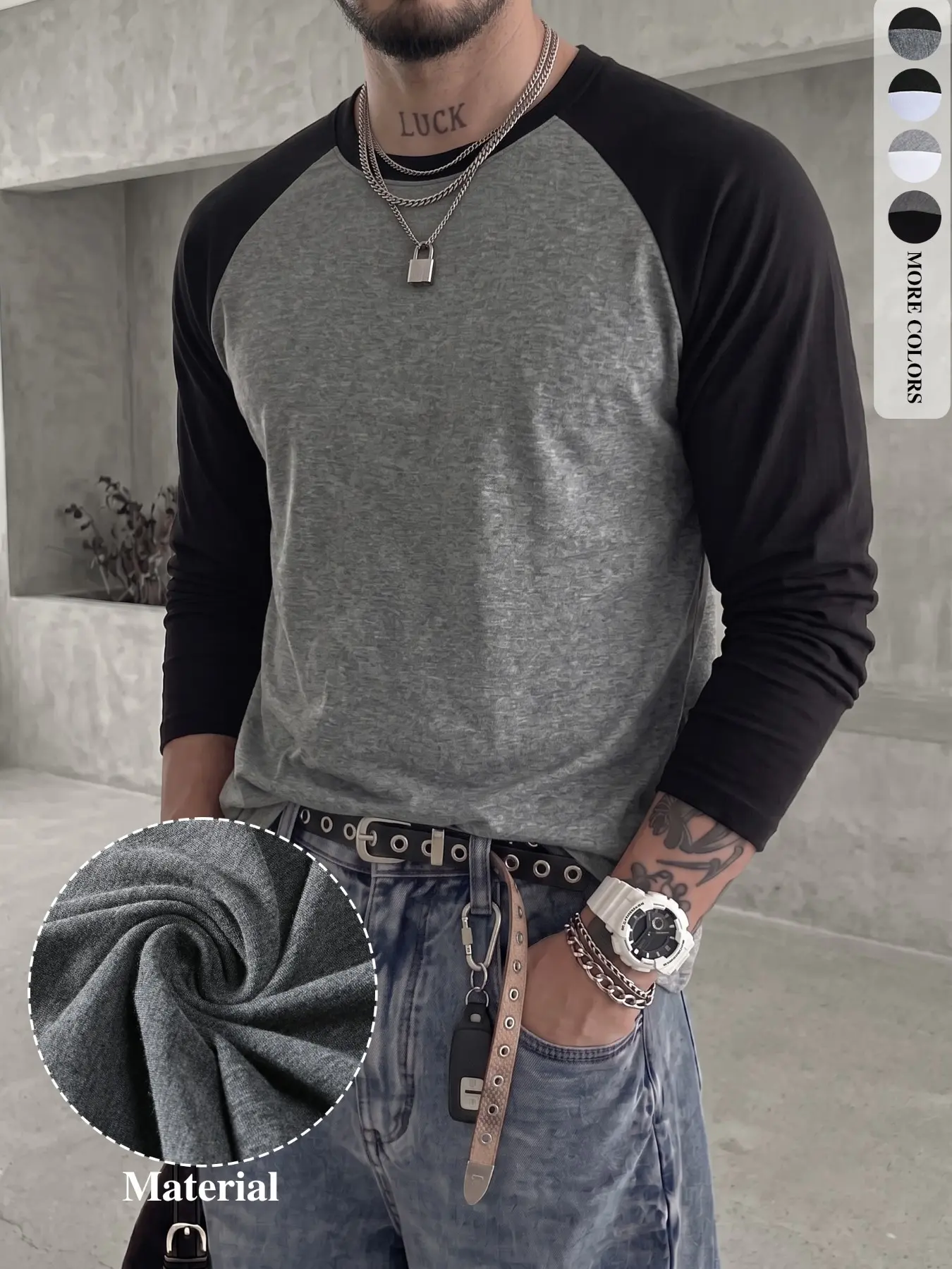 Men's Spring and Autumn Everyday Wear, Outdoor Sports, Walking, Inner Wear, Raglan Sleeve Color Blocking, Home, Work, Outdoor, Urban, Regular T-shirt, Street Style, Casual, Youthful, Simple, Retro, Versatile, High-Quality, Stylish, Individualistic, Sporty