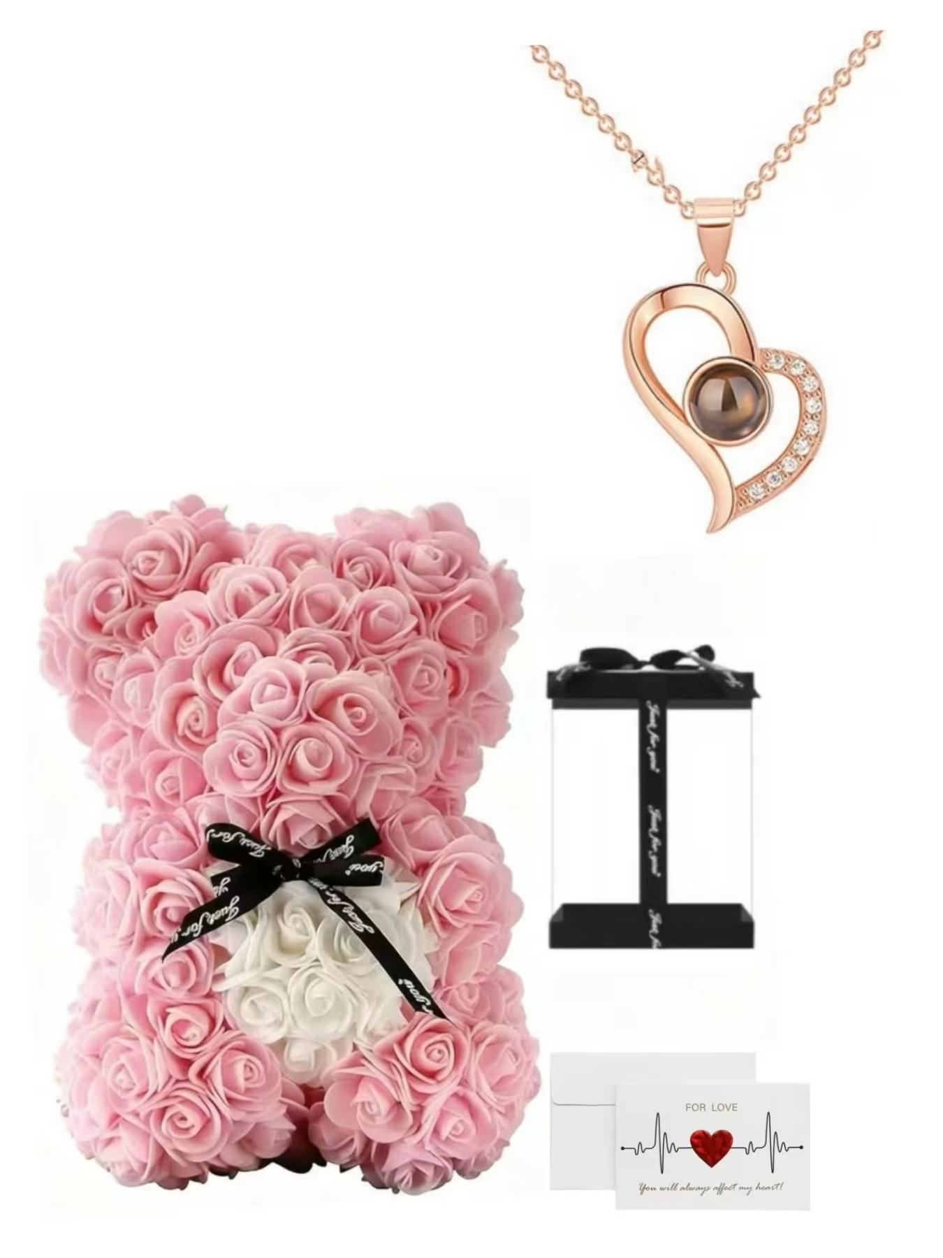 Valentine's Day Gift Set, 100 Languages Love Necklace, Heart Bear, Romantic Card, Mother's Day Present, Perfect for Girlfriend and Mom