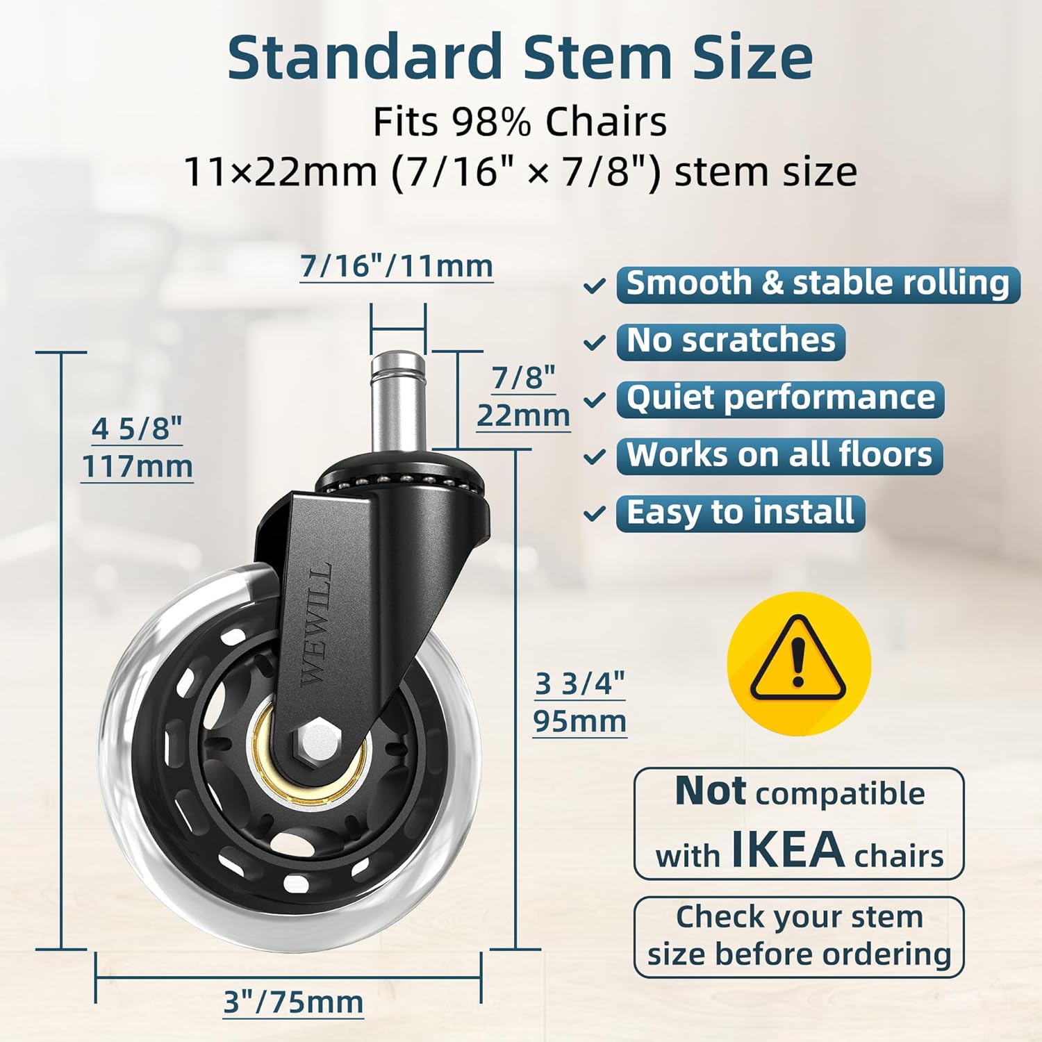 Office Chair Wheels - Rubber Casters Replacement Universal Fit 98% Chair(Set of 5) Heavy Duty 3 Inch Smoothly & Quietly Safe for  Floor, Hardwood, Tile, Carpet, Noise Free - Clear